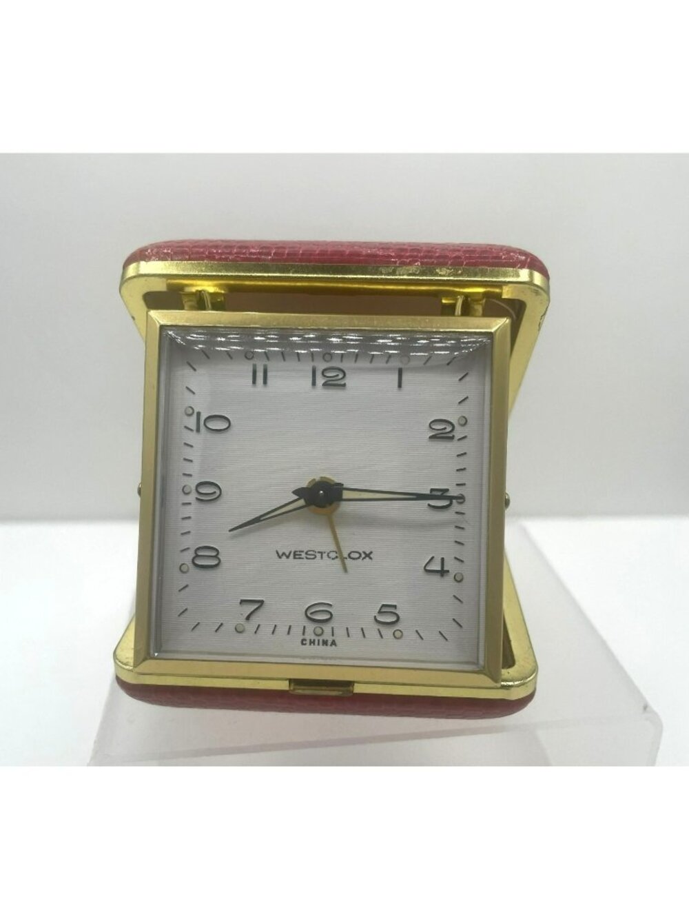 Westclox Vintage 1980s Red Leather Gold Trim Windup Travel Alarm Clock WORKS